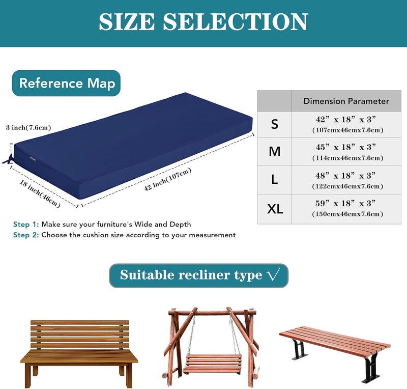 Comcaver Outdoor Bench Cushions 48 x 18 Inch Thick Waterproof Porch Swing Cushions with Tie Patio Furniture Chair Cushion Bench Pad 5 Year Color Fastness Backyard Seat Pads Navy - Image 5